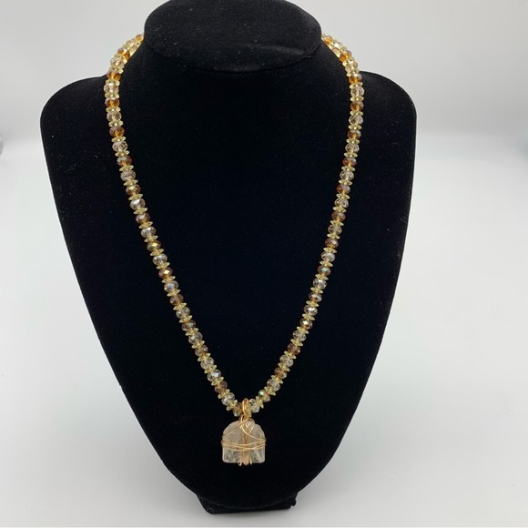 Beaded Brown & Gold Tone Necklace with Gemlike Crystal Pendant - Picture 3 of 10